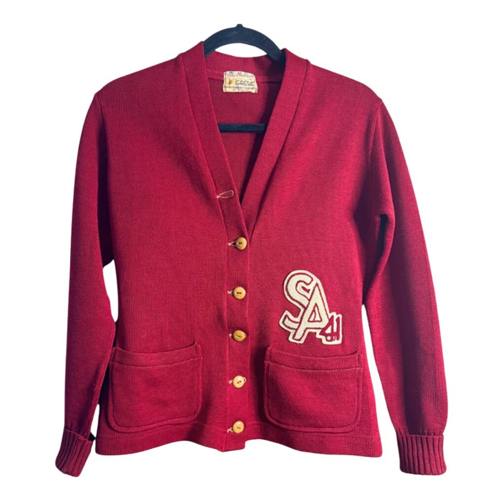 Pitzer & Warwick Vintage Varsity Cardigan Wool Letterman Sweater SA 41 Red